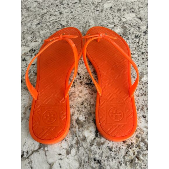 Tory Burch Jelly Bow Tie Gold Logo Flip Flops flats , Poppy Orange, Size 9 - Picture 5 of 10